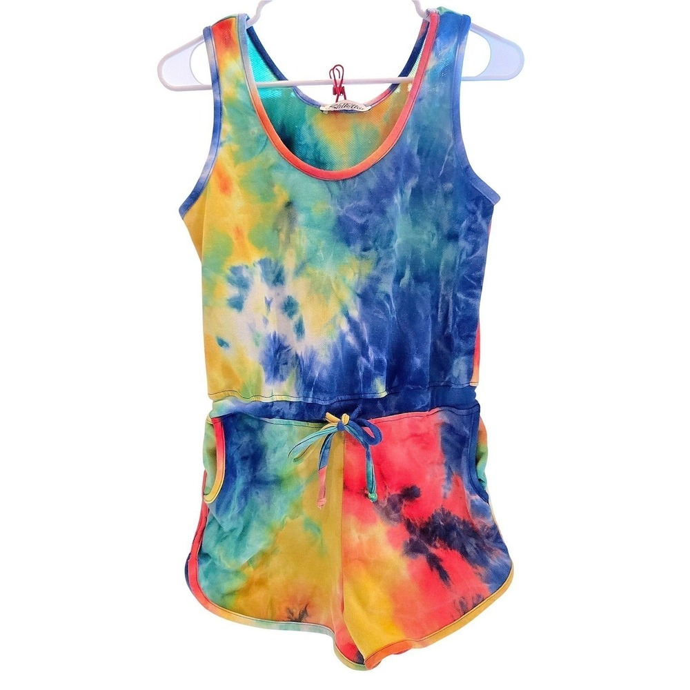 Tie Dye Romper Size Small Rainbow Sleeveless Jumper Pockets 2" Inseam